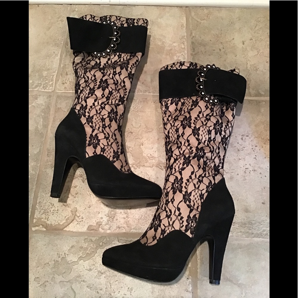 Hale Bob Lace and Suede Stacked Heel Boots 8M